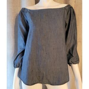 Chico's Off the Shoulder Linen Blend Chambray Denim Look Blouse Size 0 (M)